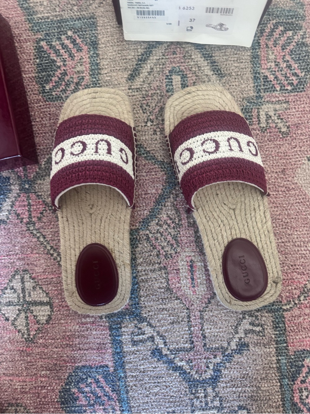 Gucci Raffia Slide Sandals in Burgundy and Natural